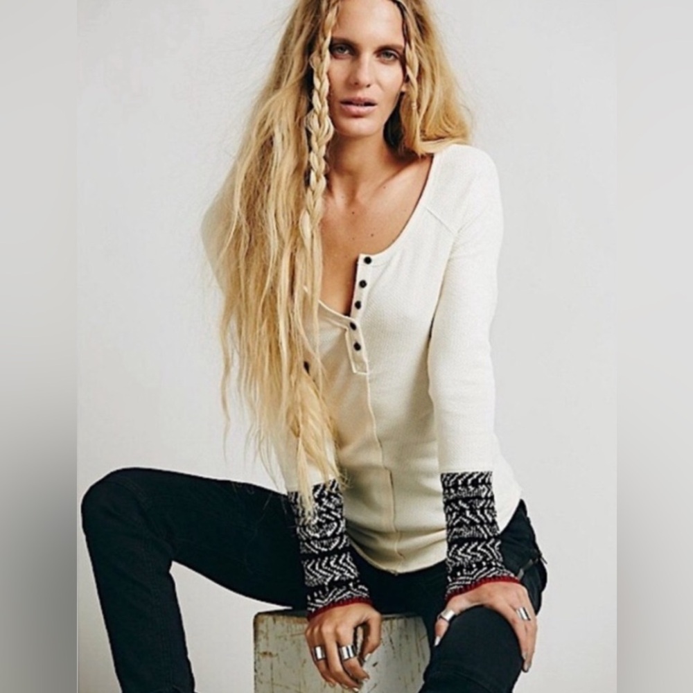 Free People Alpine Knit Cuff Henley Thermal Tunic Top Bella Swan S Y2K Cabincore